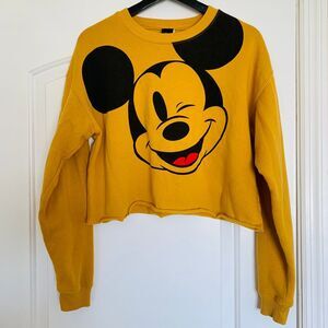 Disney Mickey Mouse Graphic Golden Oversized Cutoff Crewneck Sweatshirt | XS-M